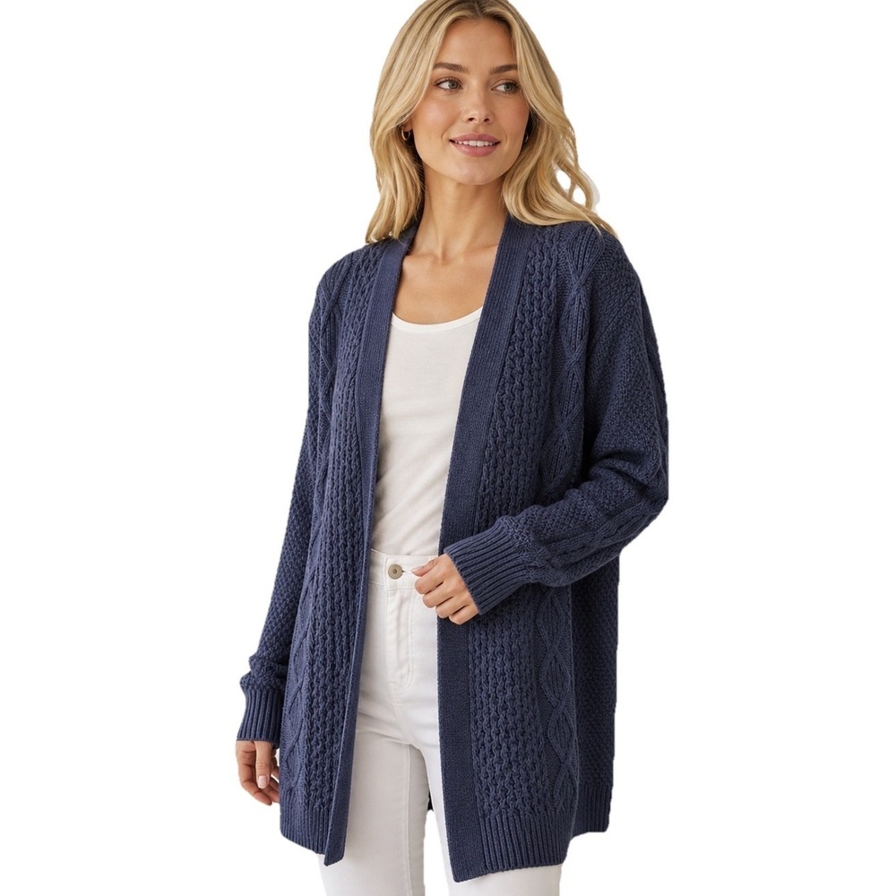 LL Bean Signature Cable Knit Open Front Cardigan Blue Size L Cozy
